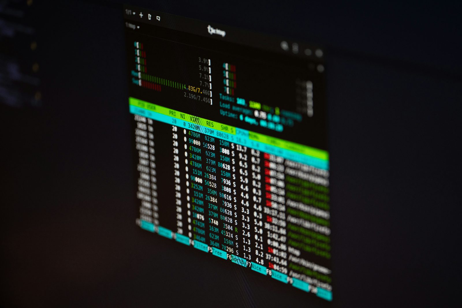 Monitor showing a live system process view in a dark room